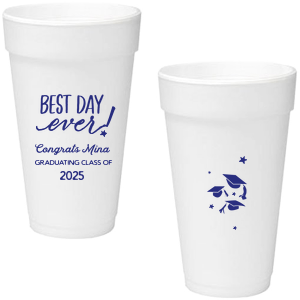 The ever-popular Matte Light Coral Ink 12 oz Styrofoam Cup with Matte Light Coral Ink Cup Ink Colors has a Best Day Ever graphic and a Caps Thrown graphic and is good for use in Graduation themed parties and can be personalized to match your party's exact theme and tempo.