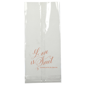 The Sweet Script Favor Bag elegantly marries flourished script with modern block lettering. "Love" and "Sweet" stand out in exquisite script, linked by a bold, modern "is". Below, the couple's names reinforce the message that love truly IS sweet, perfect for parting gifts of treats.