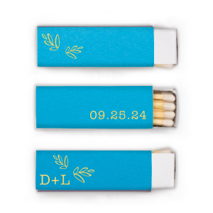 Spark warmth with the Leaf Accent Wedding Match, featuring whimsical hand-drawn leaves for a whimsical botanical touch. Simple initials and the special date adorn this charming matchbox, perfect for sweetening the ambiance of your enchanting wedding day.