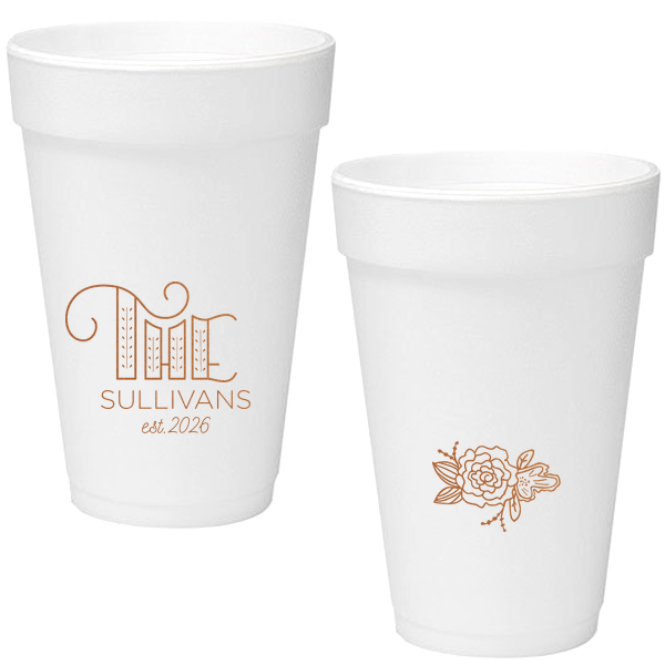 THE Modern Family Name and Peony Foam Cup elegantly merges urban flair with floral grace. The design showcases “The” as stylish skyscrapers with ornate flourishes. Below, the family name and anniversary stand bold. On the back, a delicate peony adds a contrasting natural beauty. An artistic melange of symbolism!