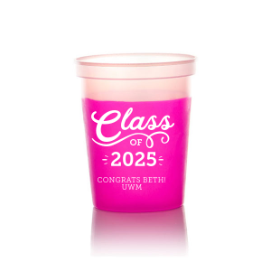 The Swirly Class of Graduation Name Stadium Cup design exudes celebratory energy with its bold "Class Of" declaration. A playful, swirling script for "Class" and an expansive flourish underneath capture the joy of graduation. Congratulatory wishes and school initials below, accented with light beams, amplify the cup's vibrant and spirited design.