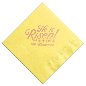 Rejoice in the season with the Easter Resurrection Celebration Napkin, proclaiming "He is risen, Happy Easter" in a bold font above your family's last name. A personal and joyous addition to your Easter gatherings.