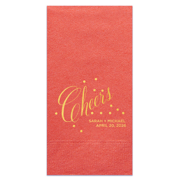 Toast to joy with the Cheers Bubble Napkin where effervescent dots frolic around a spirited 'Cheers' in whimsical script. Adorned with the couple's names and event date, these napkins burst with elegance—ideal for weddings and celebratory toasts.