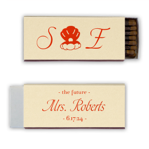 Pearls of Possibilities. Embrace the future with Pearl Oyster Bridal Shower Matchbox. Featuring the bride and groom’s initials with an elegant open oyster and pearl, this design captures the beauty of life's hidden treasures. On the reverse, the words "The Future" and the soon-to-be married name symbolize the exciting journey ahead. A beautiful nod to new beginnings and endless possibilities.