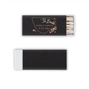 Find a love that is everlasting with the Til Death Heart Matchbox. The swooping heart design is paired with customizable text in your choice of colors to exemplify your adoration. Whether it's for anniversaries, weddings or the valentine's holiday, this matchbook is sure to be a drop dead gorgeous addition to you special event.
