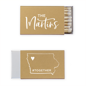 Our personalized Natural Khaki Classic Matchbox with Matte White Foil has a Iowa graphic and is good for use in States themed parties and are a must-have for your next event—whatever the celebration!