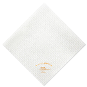 Seal your day with the Sunset Vows Arch Napkin, capturing the romance of a setting sun behind the couple's names in an elegant arch. This design sets a serene scene, perfect for a wedding infused with the glow of new beginnings.