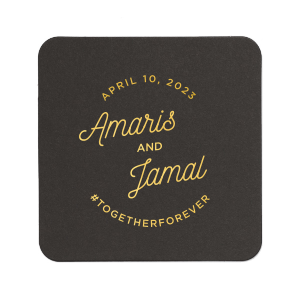 Toast to elegance with the Elegant Modern Script Name & Hashtag Coaster, where love circles timelessly. The couple's names dance in a chic script, crowned by the celebration date and grounded with a bespoke hashtag, inviting guests to share the joy. It's a classy touch to any refined celebration. 