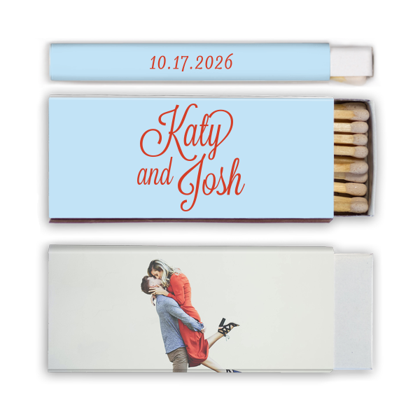 Capture love’s spark with the Love Snapshot Photo Matchbox. It features the couple’s names in a fun, flirty script on the front. The back displays a playful photo of the couple, radiating their shared joy. The celebration date adorns the side, making this matchbox a memorable keepsake of their special day. This design invites couples to choose a beloved photo to personalize their own matchbox, adding a unique and intimate touch to their wedding celebration.