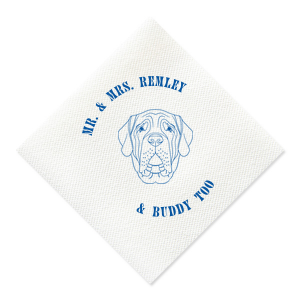 Dog cocktail napkins are the latest wedding trend! Customize this dog wedding napkin with your last name and the name of your dog. Featuring a mastiff graphic.