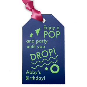 Our beautiful custom Shiny Violet Wine Hang Tag with Matte Key Lime Foil has a Confetti Accent graphic and is good for use in Birthdays, Bar Mitzvah / Bat Mitzvahs and other celebration themed parties and can't be beat. Showcase your style in every detail of your party's theme!