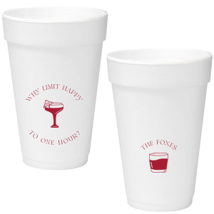 Extend the joy with the Why Limit Happy Hour Cup, perfect for wedding cocktail hours or home entertainment, personalized with your family name. Emblazoned with "Why limit happy to one hour?" and a delightful cocktail graphic, it invites guests to savor every moment.