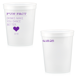 The ever-popular White 22 oz Stadium Cup with Matte Amethyst Ink Screen Print has a Heart Solid graphic and a Mr & Mrs Bottles graphic and is good for use in Wedding themed parties and can't be beat. Showcase your style in every detail of your party's theme!