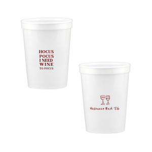 The Hocus Pocus Focus Cup is the ideal custom Halloween party accessory.  Featuring the phrase "hocus pocus I need candy to focus" and a modern and minimal graphic of wine glasses, you can personalize with your name, and the year. This chic Halloween accessory will be a hit at your autumnal events. 