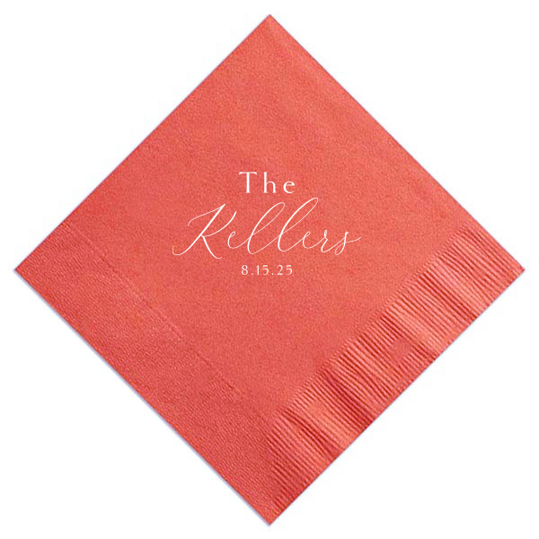 Exuding charm, the Sophisticated Family Name Napkin highlights the couple's shared surname in a bold, contemporary script. This design, focused on the last name with the event date subtly included, beautifully commemorates the unity celebrated on their wedding day.