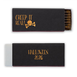 Keep the spirit alive with the Creep it Real Skull Matchbox. Featuring a lively skull and crossbones with the cheeky phrase “Creep it Real," it's perfect for adding intrigue. The reverse reads "Halloween," with space for adding your own personal touch to your eerie festivities! 