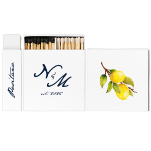 Give your guests a memorable wedding favor with this matchbox! Featuring a watercolor lemon graphic, this custom matchbox can be personalized with the date and location of your wedding. 