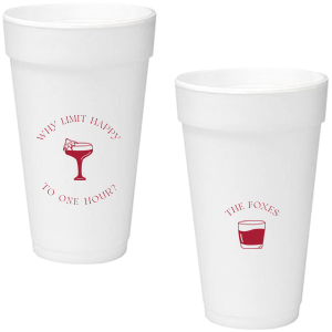 Extend the joy with the Why Limit Happy Hour Cup, perfect for wedding cocktail hours or home entertainment, personalized with your family name. Emblazoned with "Why limit happy to one hour?" and a delightful cocktail graphic, it invites guests to savor every moment.