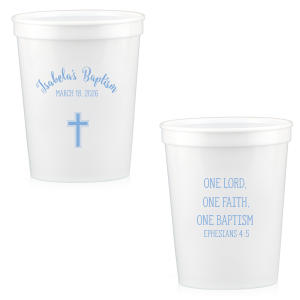 Our personalized One Baptism Cup with custom Ink Colors has a Cross graphic and is good for use in Christian Symbols themed parties and can be personalized to match your party's exact theme and tempo.