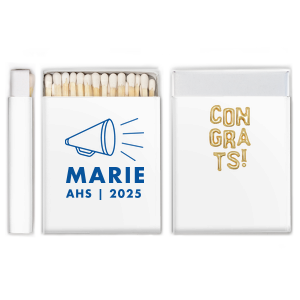 Our custom White Classic Custom Photo Matchbox with Matte Royal Blue Ink Digital Print Colors has a Megaphone graphic and is good for use in Kid Birthday, Graduation, Sports themed parties and will give your party the personalized touch every host desires.
