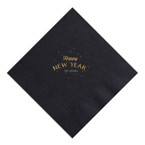 Ring in the New Year with a bang using the Happy New Year Fireworks Napkin, where vibrant dots burst into the night sky around a jubilant greeting. The hosts' names below crown this elegant display, perfect for toasting to new beginnings.