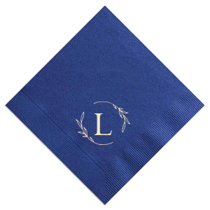 Our beautiful custom Dark Navy Cocktail Napkin with Matte Ivory Foil has a Open Wreath Frame graphic and is good for use in Floral and Wedding themed parties and can be personalized to match your party's exact theme and tempo.