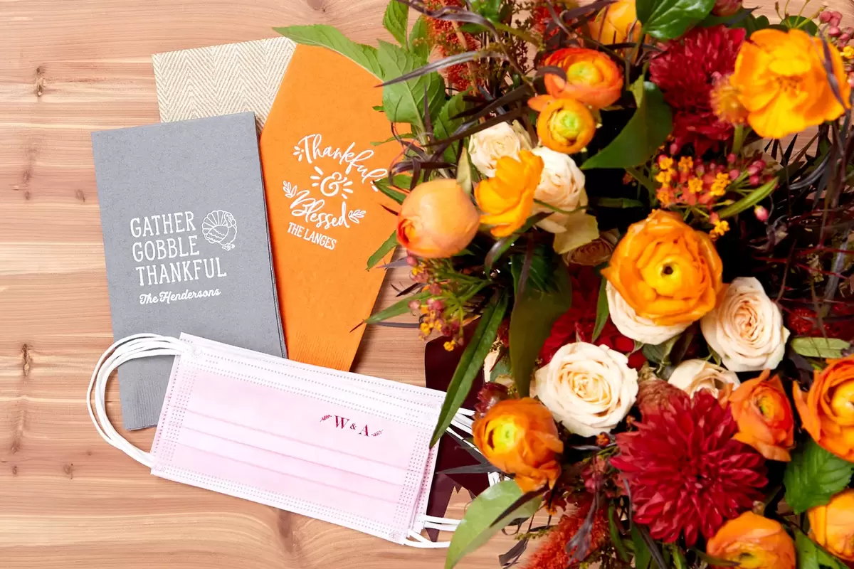 custom designed Thanksgiving products from For Your Party, including personalized face mask and custom napkins