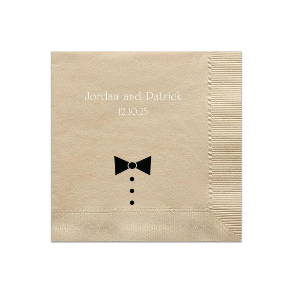 Personalized Kraft Cocktail Napkins - 2 Color with Matte White Foil and Matte Black Foil has a Tux graphic and is good for use in Trendy and Wedding themed parties and will make your guests swoon. Personalize your party's theme today.