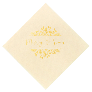 ForYourParty's elegant Cream Linen Like Cocktail Napkin with Shiny 18 Kt Gold Foil has a Floral Frame 1 graphic and is good for use in Floral themed parties and will look fabulous with your unique touch. Your guests will agree!