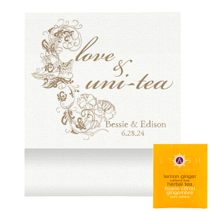 Our beautiful custom Linen White Tea Favor with Shiny 18 Kt Gold Foil has a Floral Silhouette graphic and is good for use in Floral and elegant themed parties and will give your party the personalized touch every host desires.