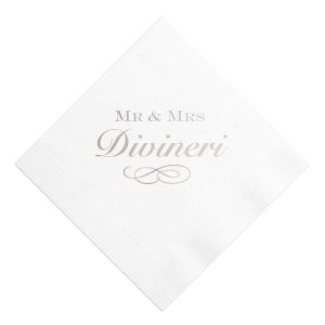 Personalized White Cocktail Napkin with Shiny Sterling Silver Foil has a Flourish 12 graphic and will give your party the personalized touch every host desires.