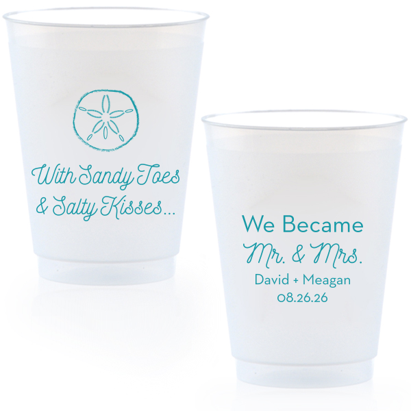 Bring your wedding party to the beach! With our Sand Dollar graphic, cute saying and script font, these blue napkins will. Customize with your names for festive wedding barware that can double as personalized party favors. 