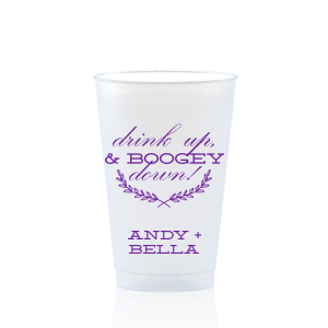 Kick up your heels with the Boogey Down Cowboy Cup emblazoned with 'Drink Up & Boogey Down!' and a foliage flourish. Personalized with your names and adorned with cowboy boots, it's perfect for a lively, Western-themed celebration.