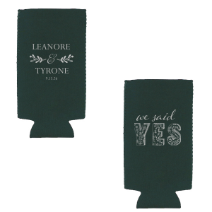 Our custom White Slim Can Cooler with Matte Dark Magenta Ink has a Twig Flourish graphic and a Yes graphic and is good for use in Wedding themed parties and will look fabulous with your unique touch. Your guests will agree!