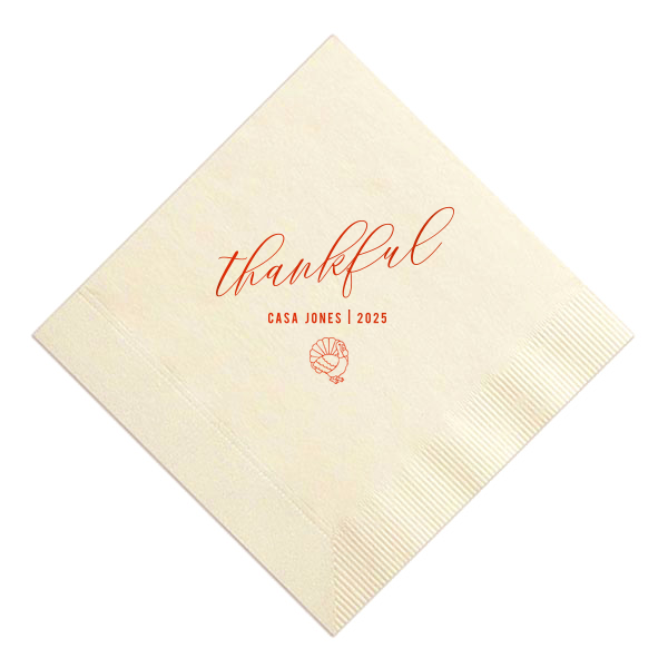 Custom Ivory Cocktail Napkin with Shiny Poppy Foil has a Live Turkey graphic and is good for use in Holiday, Thanksgiving themed parties and can be personalized to match your party's exact theme and tempo.