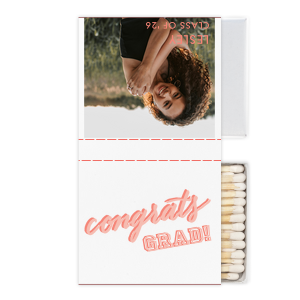 Custom White Classic Custom Photo Matchbox with Matte Poppy Ink Digital Print Colors and Matte Pastel Pink Ink Digital Print Colors has a Congrats graphic and a Congrats graphic and is good for use in Words, Hearts, Wedding themed parties and can't be beat. Showcase your style in every detail of your party's theme!