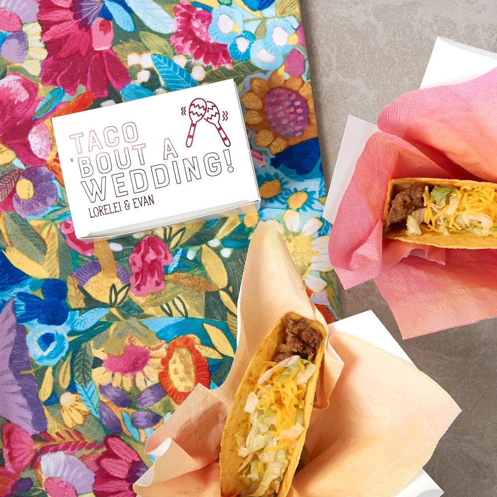custom cake box used as a taco box with wedding food truck