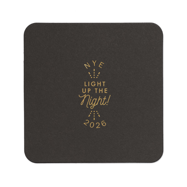 Our custom Eggshell Square Coaster with Satin 18 Kt. Gold Foil Color has a Light the Night graphic and is good for use in Wedding themed parties and will give your party the personalized touch every host desires.