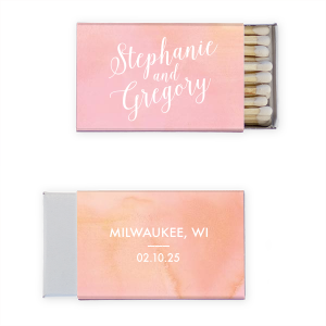 Celebrate love's union with the Wedding Couple Script Matchbox design, where the couple's names are elegantly inscribed in a flowing, sophisticated script. Complemented by a chic, modern backdrop featuring the wedding city and date, it's a perfect match of classic charm and contemporary style.