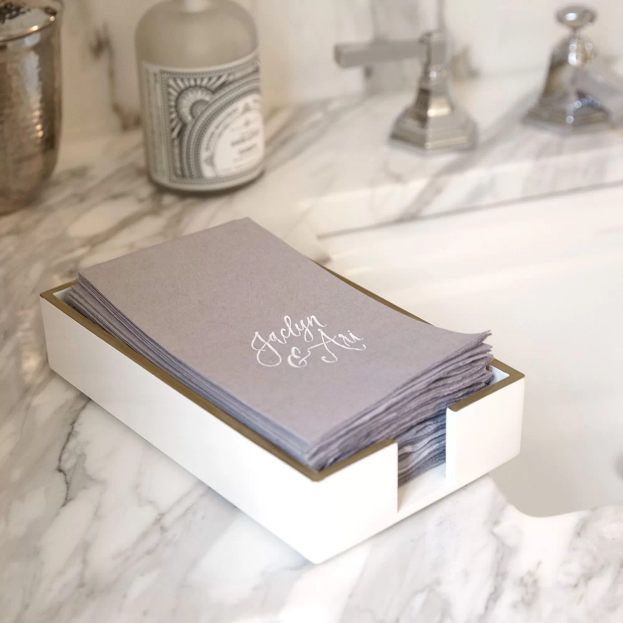 white guest hand towel tray styled