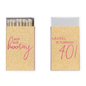 ForYourParty's elegant Gold Glitter Classic Matchbox with Shiny Fuchsia Foil has a fun Hip Hip Hooray saying and is good for use in Birthday, Graduation and other milestone themed parties and will add that special attention to detail that cannot be overlooked.