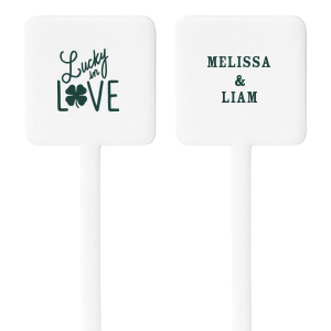 Celebrate your union with the Lucky In Love Stir Stick. On one side, customize this drink stirrer with the couple's names. The other side declares the duo are "lucky in love" adorned with a lucky four leaf clover. Enjoy this stir stick with a signature drink at your wedding. 