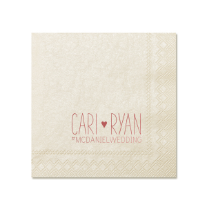 The Heart and Hashtag Napkin design weaves whimsy and modernity, featuring the couple's names in a charming font, unified by a heart. Below, a blank hashtag awaits a personal touch, inviting guests to share memories online—a playful nod to digital age festivities.