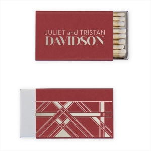 Ignite elegance with the Art Deco Match, a tribute to chic, symmetrical design. One side features the couple’s first names in linear print, accentuated by their last name in bold, all-caps block print. The other side boasts an impactful Art Deco pattern, perfectly encapsulating this iconic, streamlined aesthetic.