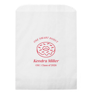 Pack up the celebration with the Clever Donut Grad Bag, tailored with the graduate’s name, school, and graduation year, complemented by a charming donut graphic and the witty phrase “One Smart Donut.” A perfect blend of humor and accolade for their scholastic achievements.