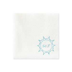 Our custom White Linen Like Petite Napkin with Satin Teal / Peacock Foil has a Sunburst graphic and is good for use in Beach/Nautical themed parties and can be personalized to match your party's exact theme and tempo.