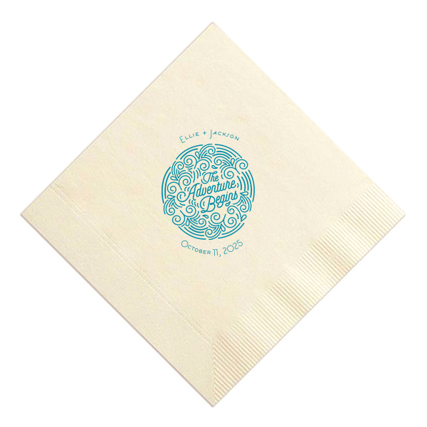 Add the perfect touch to your bar, dessert table or appetizers with this Adventure Begins personalized Ivory napkin. Pair your names and date with our Adventure Badge for a seamless detail in your outdoor themed wedding. 