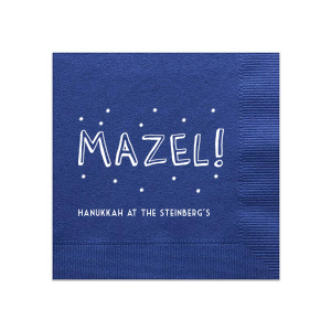 Custom Royal Blue Cocktail Napkin with Matte Sunflower Foil has a Mazel Word Art graphic and is good for use in Jewish Symbols, Holiday themed parties and are a must-have for your next event—whatever the celebration!