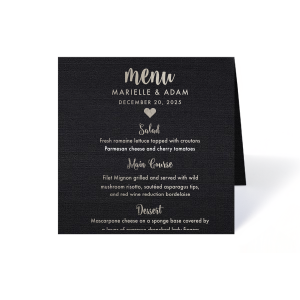 The ever-popular Linen White Classic Menu with Thermo. Slate Thermography has a Solid Heart graphic and is good for use in Wedding themed parties and can be customized to complement every last detail of your party.