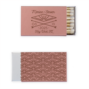 Capture the spirit of unity with the Art Deco Crossed Arrows Sunburst Wedding Match design, where artistic arrows intersect with a luminous sunburst, representing the bright path ahead. This matchbook design is a beautiful metaphor for beginning a new adventure together, creating a luminous spark for any celebration.